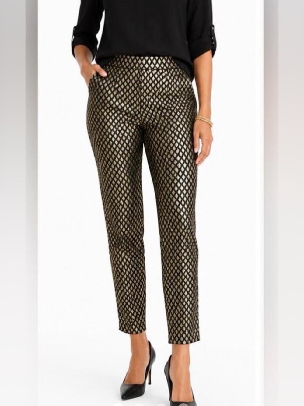 Chico's Ultimate Fit Black Gold Jacquard Geometric Diamond Ankle Pants 00/XS